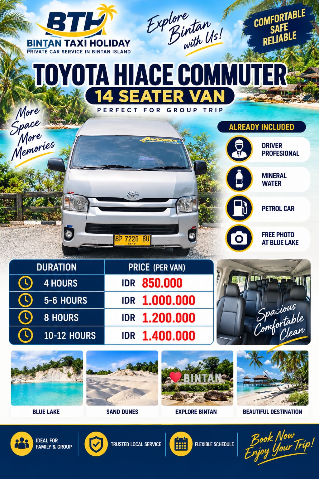 Image Private Minivan Rental – Toyota HiAce 14 Seater Travel Together in Comfort – Book with Bintan Taxi Holiday book now contact +62-823-8598-6151